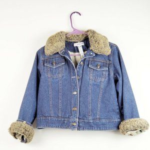 Christie Brooks Girls Lined Denim Jean Jacket Coat Removable Faux Fur Size 10-12